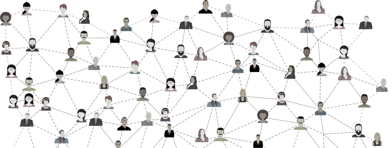 drawing of people connected to each other through a web of dashed lines