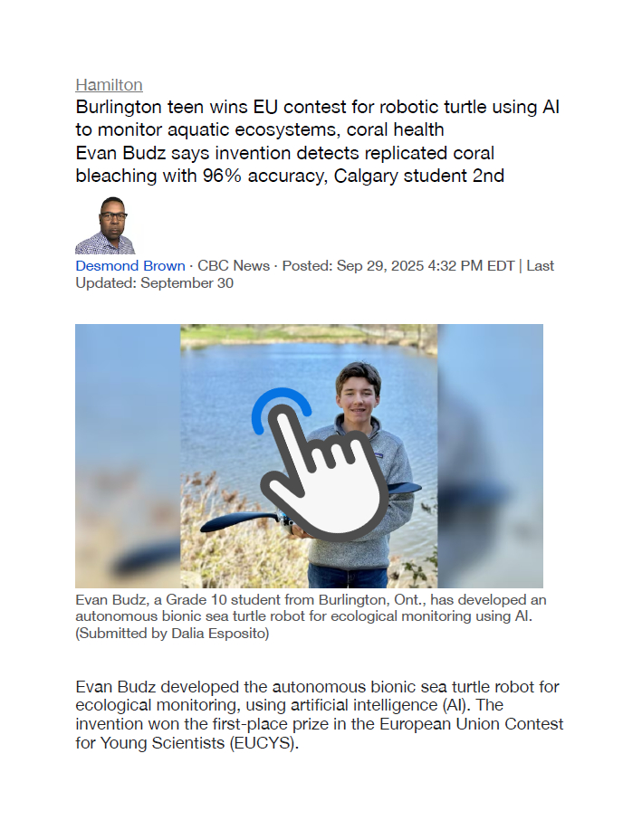 Click on the photo to read about the bionic sea turtle created by a Canadian grade 10 student
